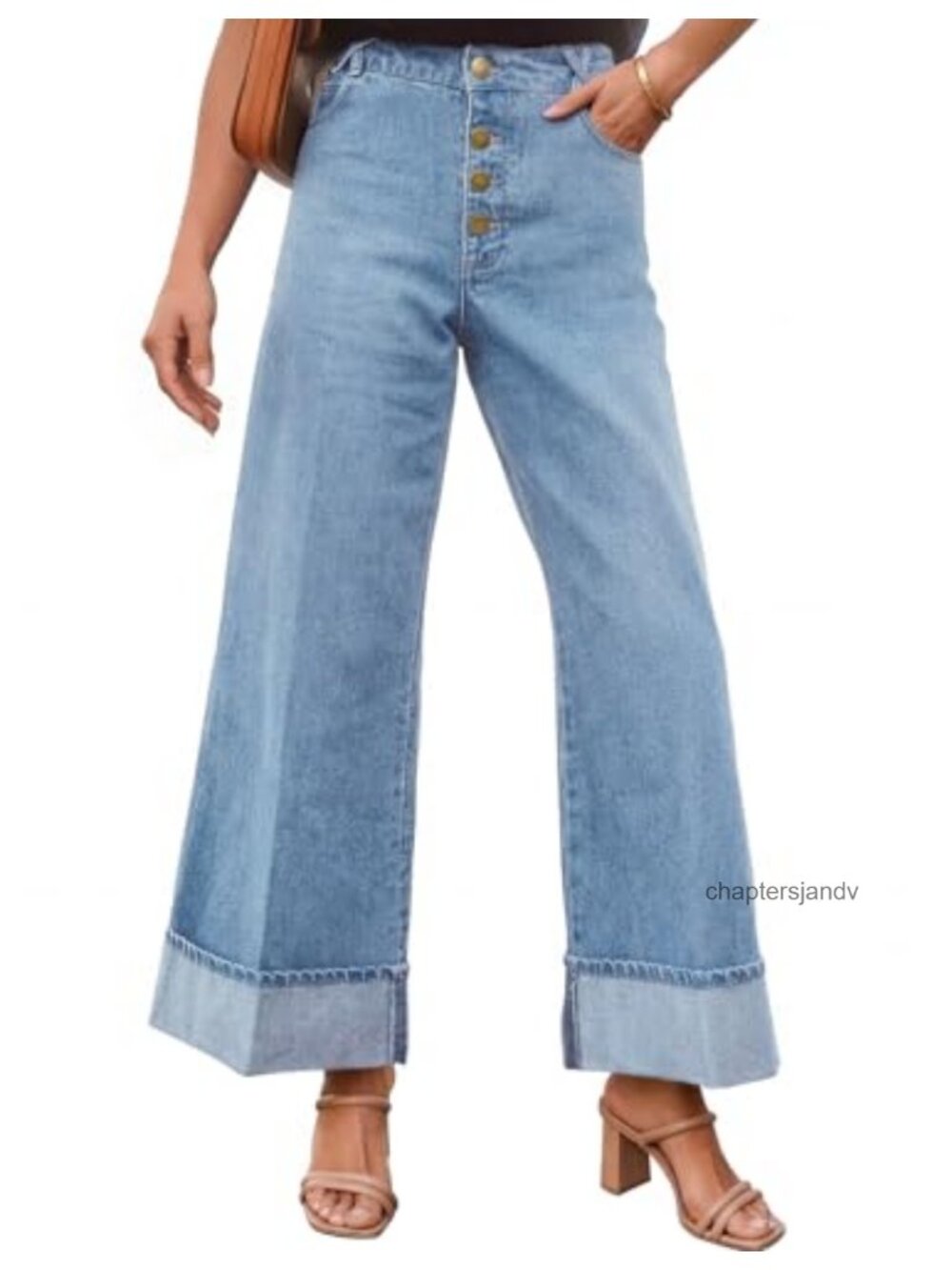 Wide Leg Mid Rise Buttoned Straight Leg Jeans with Turned-Up Hem